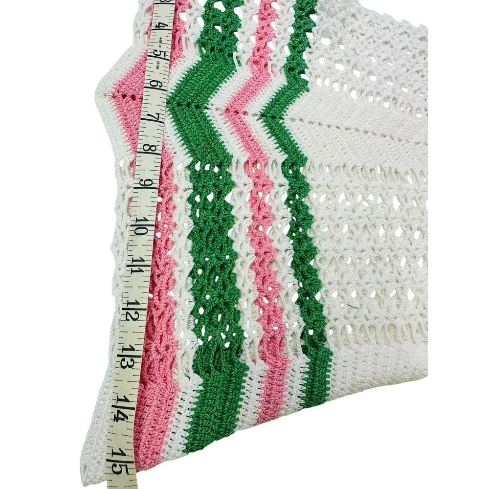 Vintage Hand Crochet Kitchen Apron Cottage Core Granny Tea Party Pink‎ Green
